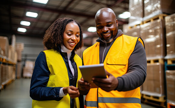 Coworkers are discussing work in a distribution warehouse.