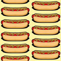 Hot dog seamless pattern background on light yellow background, abstract pattern background