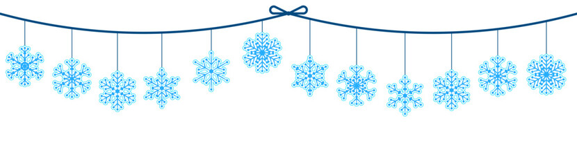Horizontal garland of cut out paper snowflakes. Handmade children ornament. Christmas holiday banner decoration element. Simple flat vector isolated on white background © RNko