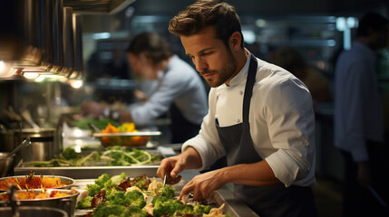 "Culinary Creation": Capture the intensity of a chef in a high-end restaurant kitchen.