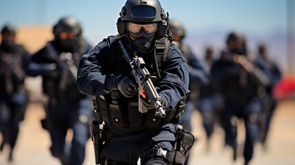 "SWAT Team Dynamics": Showcase the precision and coordination of a SWAT team during a training drill.