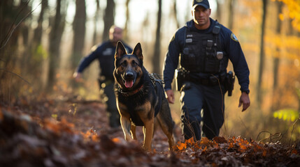 "Search and Rescue": Show officers working with canines to locate a missing person in a wooded area.