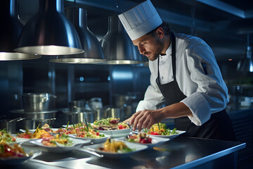 Male chef garnishing food under light at commercial kitchen.
