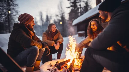 Foto op Canvas Group of Colleagues Gathering Around a Winter Campfire, winter, cozy, people, snow, with copy space © Катерина Євтехова