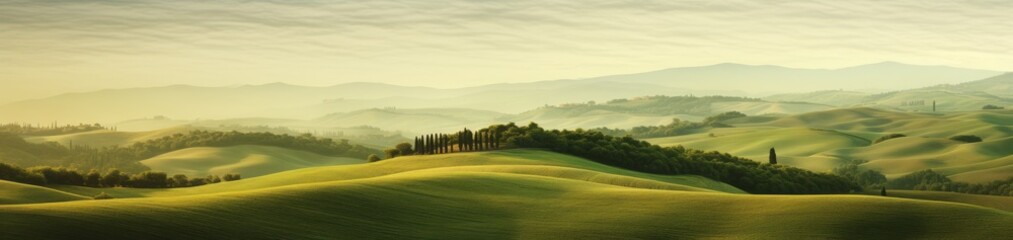 Fototapeta na wymiar Verdant Green Hills Blanketed with Trees, Emanating the Timeless Beauty and Serene Charms of Italian Landscapes, Captured in the Idyllic Style of the Countryside
