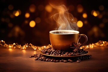 Fototapeta premium magic photo, postcard. A golden cup of coffee on the table and coffee beans, Christmas lights