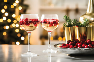 A close - up of a modern kitchen's breakfast bar adorned with festive Christmas - themed cocktails, garnished with cranberries and rosemary, and served in stylish glassware. 