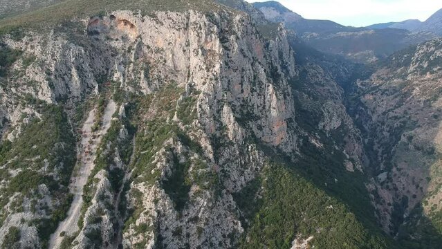 Aerial view over the famous ridomo gorge in mountainous Mani area in Messenia, Peloponnese, Greece