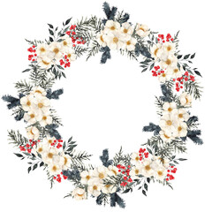 Watercolor wreath with christmas berry, branch of tree, cones and white flowers, isolated on white background