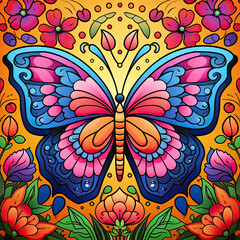 Colouring page for kids, a vibrant butterfly fluttering among colourful flowers AI Generated