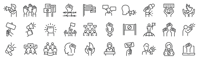 Set of 30 outline icons related to activism, protest. Linear icon collection. Editable stroke. Vector illustration - obrazy, fototapety, plakaty