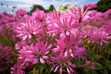 Close-up portrait of cleome flowers in the garden