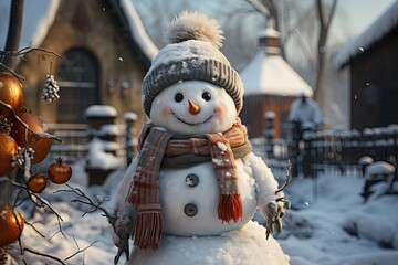 Obraz premium snowman, adorned festive scarf, snowy winter wonderland.Generated with AI