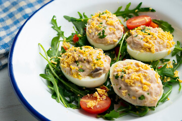 Eggs stuffed with tuna and mayonnaise.