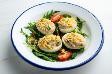 Eggs stuffed with tuna and mayonnaise.