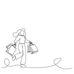 Black Friday Shopping day Continuous one line drawing of pretty woman and holding paper bags after shopping . Young woman holding shopping bags Black Friday line art vector illustration EPS10