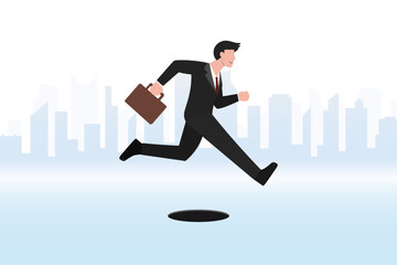 A cheerful businessman jumps over obstacles. Vector Illustration.