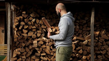 A male logger holds firewood in his hands. A young guy with an armful of chopped wood in the forest. Close-up of a man laying out chopped firewood in a barn in a big pile.