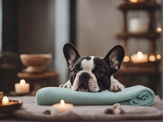 Dog spa. Grooming pet salon. Dog care. French Bulldog