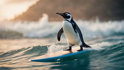 Funny penguin riding on a surfboard on the waves - obrazy, fototapety, plakaty