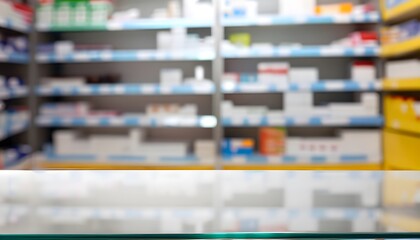 Pharmacy glass table counter with medicines healthcare product arranged on shelves in drugstore blurred defocused background, pharmacist in pharmacy