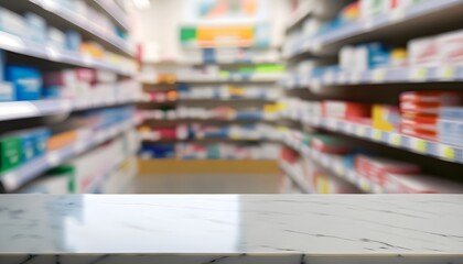 Pharmacy marble table counter with medicines healthcare product arranged on shelves in drugstore blurred defocused background pharmacist at pharmacy,  - obrazy, fototapety, plakaty