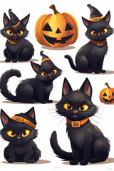 Black cats cartoon set. Halloween illustration. Generative AI.