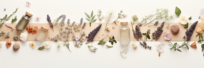 Herbal apothecary aesthetic. Dry herbs and flowers on a beige background. With Generative AI technology - obrazy, fototapety, plakaty
