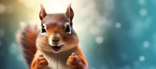 Niedliches, lustiges Eichhörnchen, lächelnd, mit erhobenem Daumen, um gute Arbeit oder gutes Produkt zu würdigen.  Breites Banner mit Kopierraumseite - obrazy, fototapety, plakaty