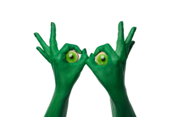 PNG, painted hands holding eyes, isolated on white background.