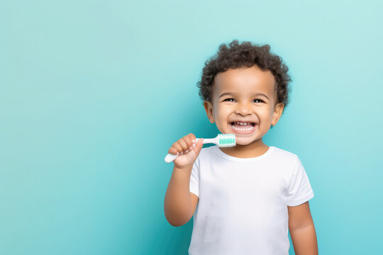 Kid brushing teeth isolated on pastel blue background