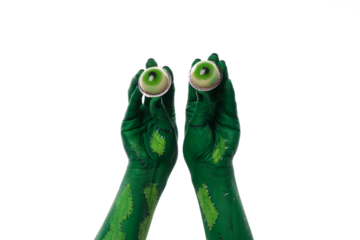 PNG, painted hands holding eyes, isolated on white background.