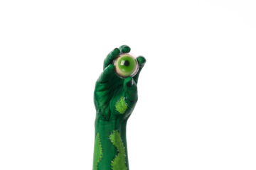 PNG, painted hands holding eyes, isolated on white background.