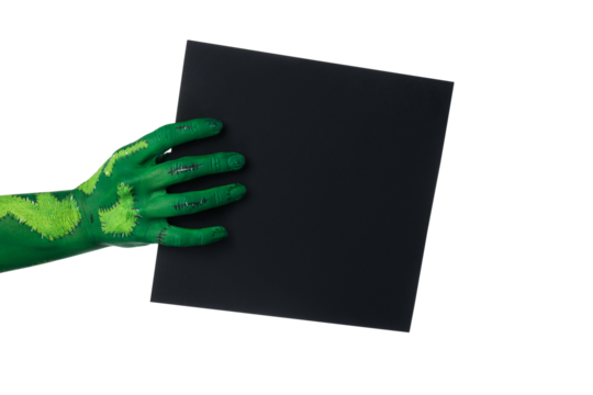PNG, zombie hands holding a sheet of black paper, isolated on white background.