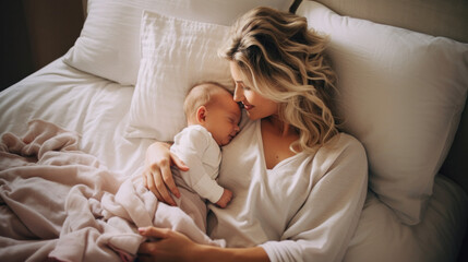 A mother with a newborn baby at home in a cozy bed, portraying a family idyll.