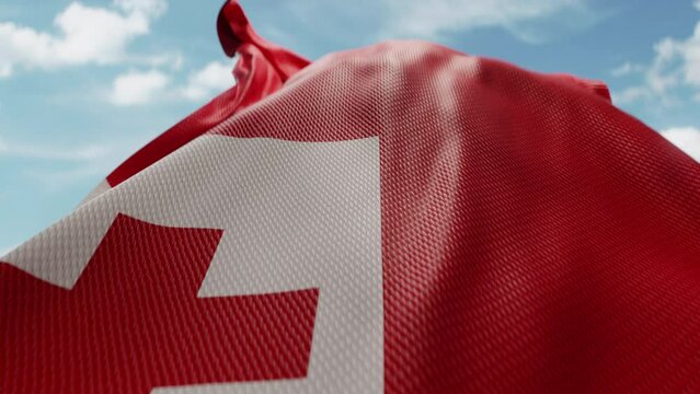 Wavy flag of Tonga blowing in the wind in slow motion. Waving official Tongan flag team symbol abstract vertical background. Blue sky with clouds. World countries flying flags concept