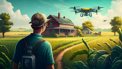 Smarte nachhaltige Landwirtschaft Bewirtschaftung von effizienten Bauernhof mit moderner Agrartechnologie wie Drohnen mit App Steuerung und Überwachung der Ernte Generative AI  - obrazy, fototapety, plakaty