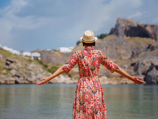 Nice Happy Female Enjoying Greek Islands. Travel to Greece, Mediterranean islands outside tourist...