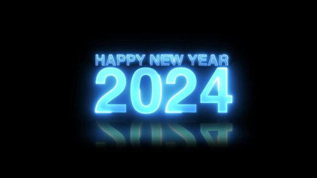 Celebrate New Year's Eve 2024 black Background. and Futuristic Blue Glowing Neon Light Happy New Year 2024 Text Reveal With Floor Reflection.