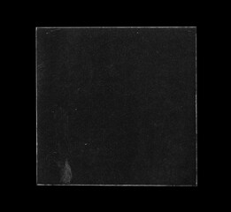 Old Black Square Empty Aged Damaged Paper Cardboard Photo Card Isolated on Black.  Folded Edges. Square CD Vinyl Cover Package Envelope. Rough Grunge Shabby Scratched Torn Ripped Texture.  - 651047233