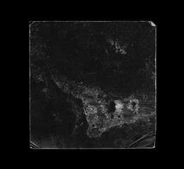 Old Black Square Empty Aged Damaged Paper Cardboard Photo Card Isolated on Black.  Folded Edges. Square CD Vinyl Cover Package Envelope. Rough Grunge Shabby Scratched Torn Ripped Texture.  - 651047238