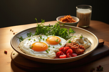 English breakfast, fried egg, tomatoes, bacon and yoghurt. Black background