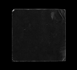 Old Black Square Empty Aged Damaged Paper Cardboard Photo Card Isolated on Black.  Folded Edges. Square CD Vinyl Cover Package Envelope. Rough Grunge Shabby Scratched Torn Ripped Texture.  - 651047248