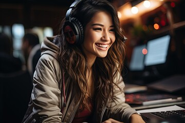 Young Asian woman engaged in live streaming and podcasting, using microphones and wearing headphone,Generated with AI - obrazy, fototapety, plakaty