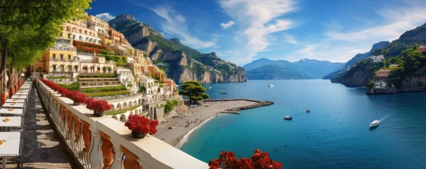 Fotobehang Panoramic view of  Amalfi coast on hills with flowers and sea, Campania, Italy. Generative ai © alexanderuhrin