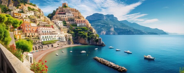 Panoramic view of  Amalfi coast on hills with flowers and sea, Campania, Italy. Generative ai