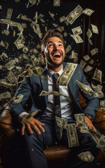Obraz premium Money falling onto a young laughing businessman