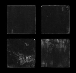 Set of Old Black Square Empty Aged Damaged Paper Cardboard Photo Card Isolated on Black.  Folded Edges. Square CD Vinyl Cover Package Envelope. Rough Grunge Shabby Scratched Torn Ripped Texture.  - 651048089