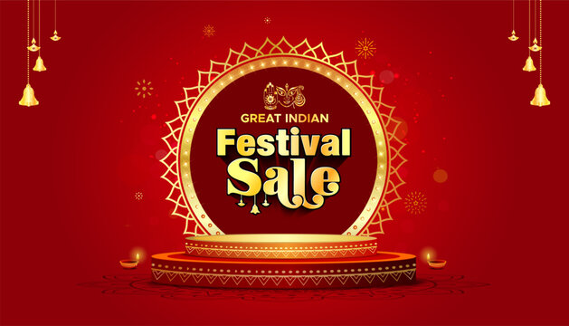 Luxury, golden, podium, stage, product display design with Indian festive sale text and background.