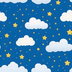 Seamless illustration background of white clouds and yellow stars on blue sky, wallpaper for children's room, design of gift wrapping.